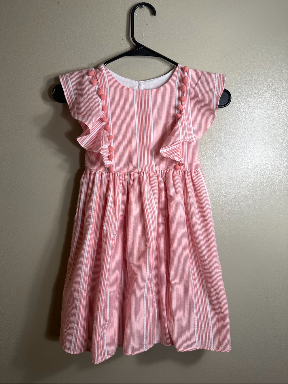 Laura Ashley Coral Stripe Ruffle Pom Pom Dress Girls 6